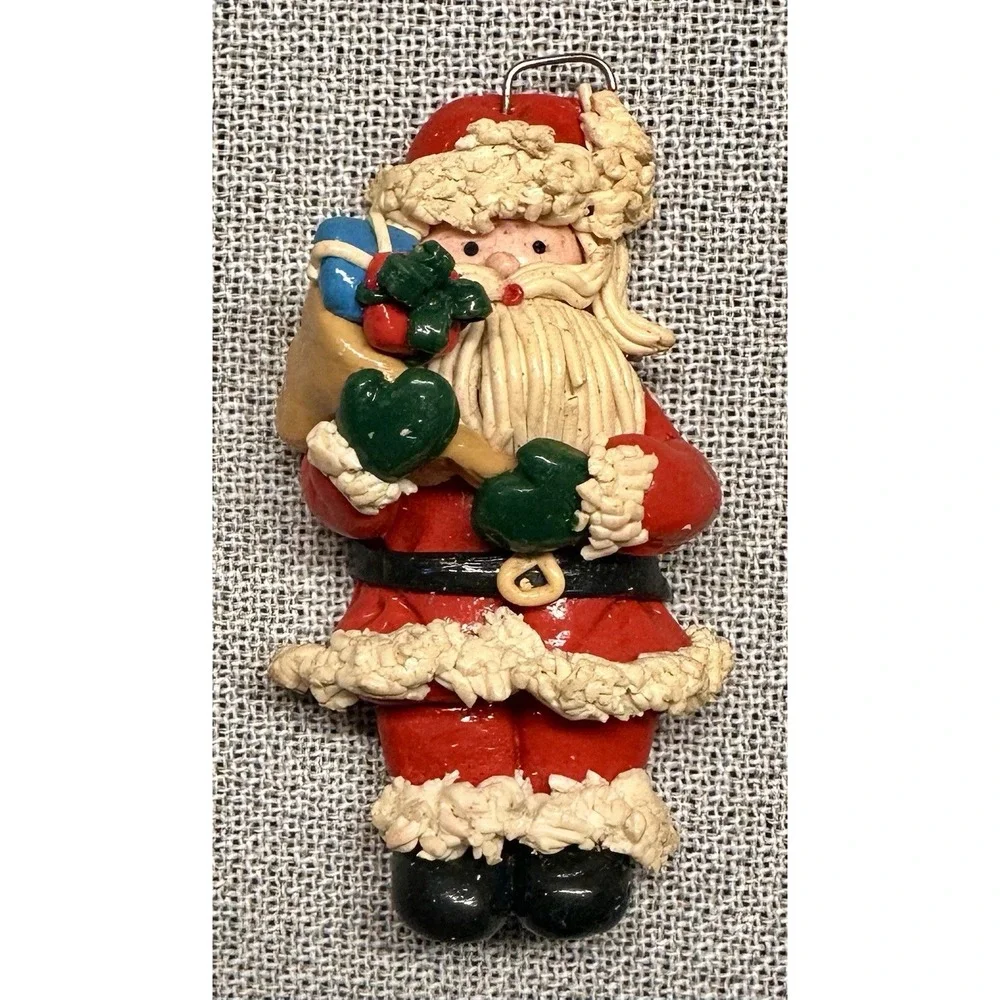 5 Polymer Clay Ornaments Christmas Tree Cat Rocking Horse Santa Nostalgic CUTE